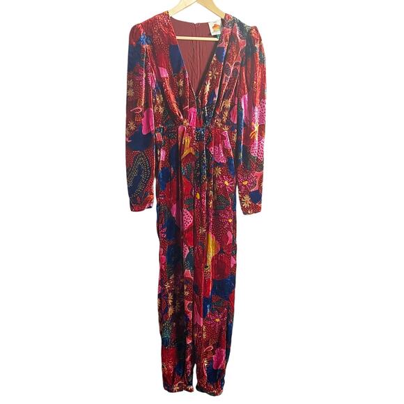 Farm Rio Snake Garden Red Velvet Floral Print V-Neck Long Sleeve Jumpsuit Sz XS - Picture 4 of 16